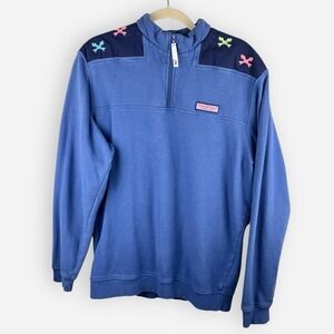 Vineyard Vines Pullover Medium 1/4 Zip Sweatshirt Embroidered Fish‎ Bones Blue